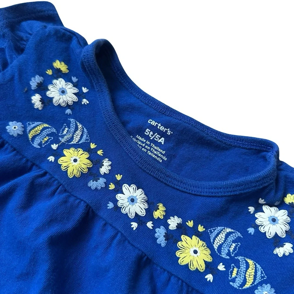 Carter's 5T Girls Blue cotton fish embroidery ruffled short sleeve shirt